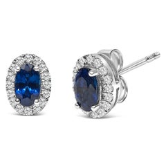 10K White Gold 5x3 MM Oval Blue Sapphire and Diamond Halo Stud Earrings