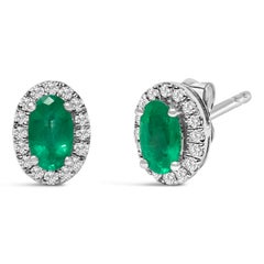 10K White Gold 5x3 MM Oval Green Emerald and Diamond Halo Stud Earrings