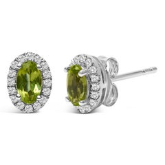 10K Weißgold 5x3 MM Oval Grüner Peridot und Diamant Halo-Ohrstecker