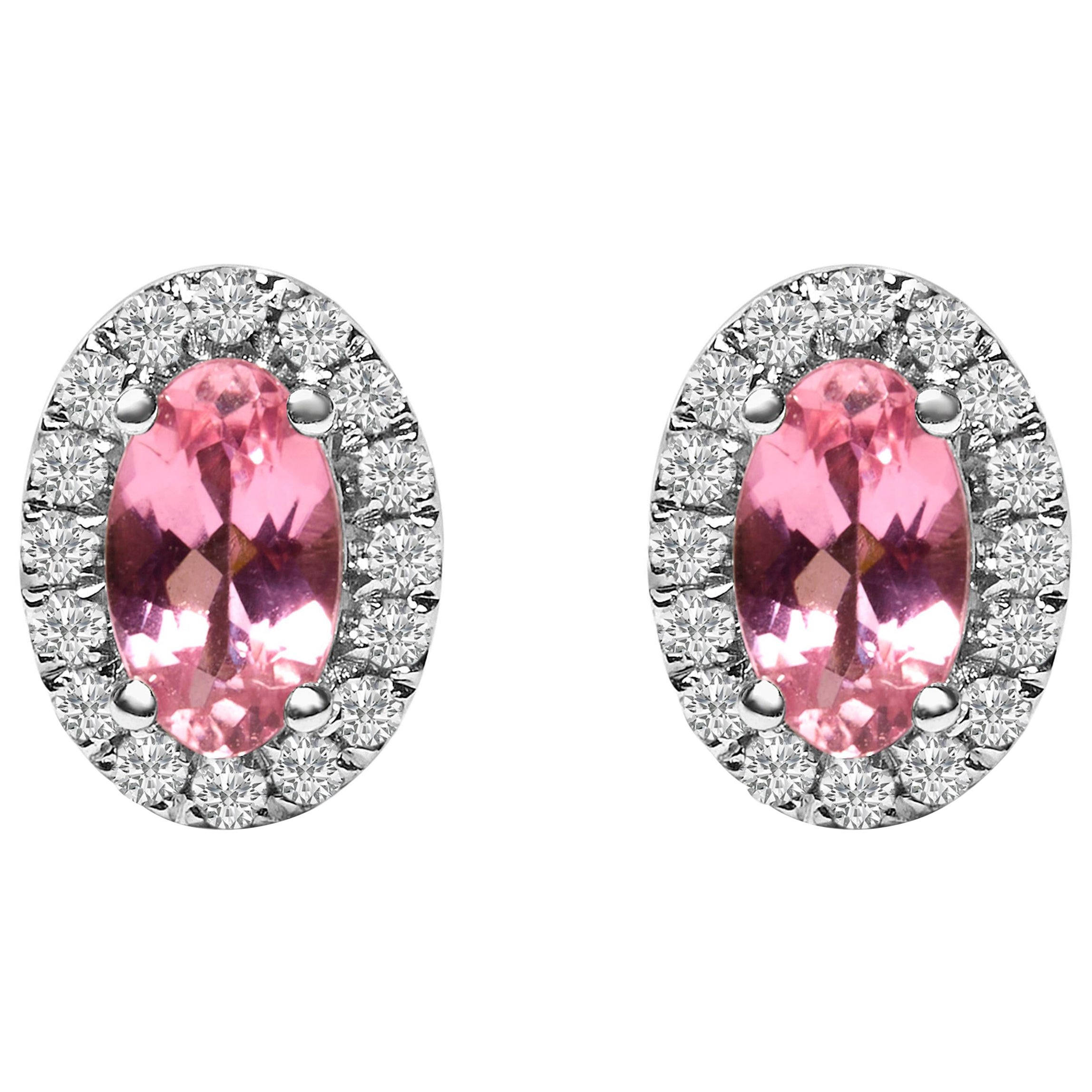 Clous d'oreilles en or blanc 10 carats, tourmaline rose ovale 5x3 mm et diamants halo
