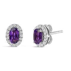 10K White Gold 5x3 MM Oval Purple Amethyst and Diamond Halo Stud Earrings