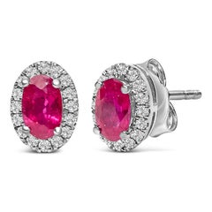 10K White Gold 5x3 MM Oval Red Ruby and Diamond Halo Stud Earrings