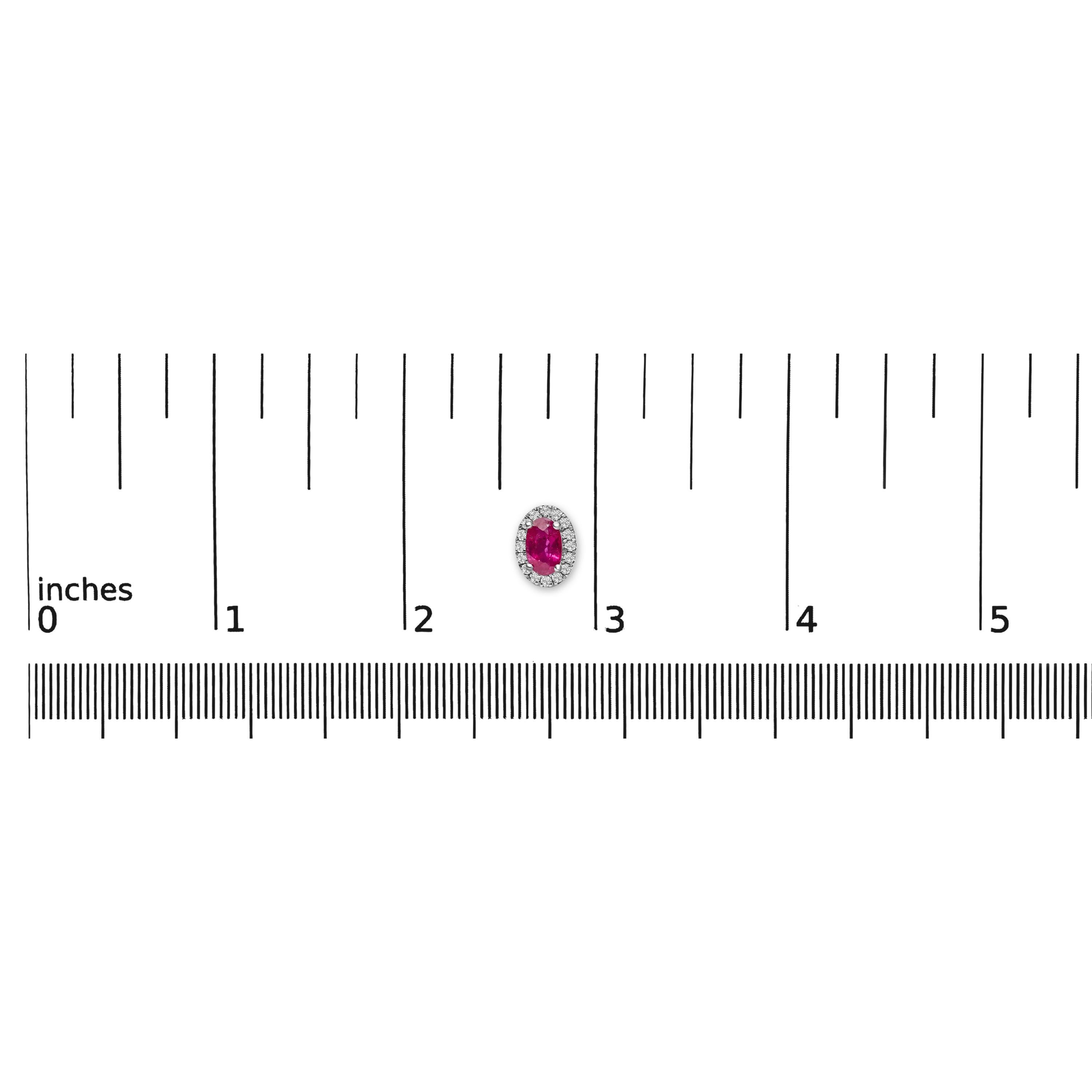 Round Cut 10K White Gold 5x3 MM Oval Red Ruby and Diamond Halo Stud Earrings For Sale