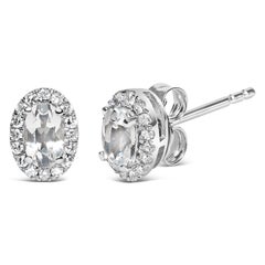 10K White Gold 5x3 MM Oval White Topaz and Diamond Halo Stud Earrings
