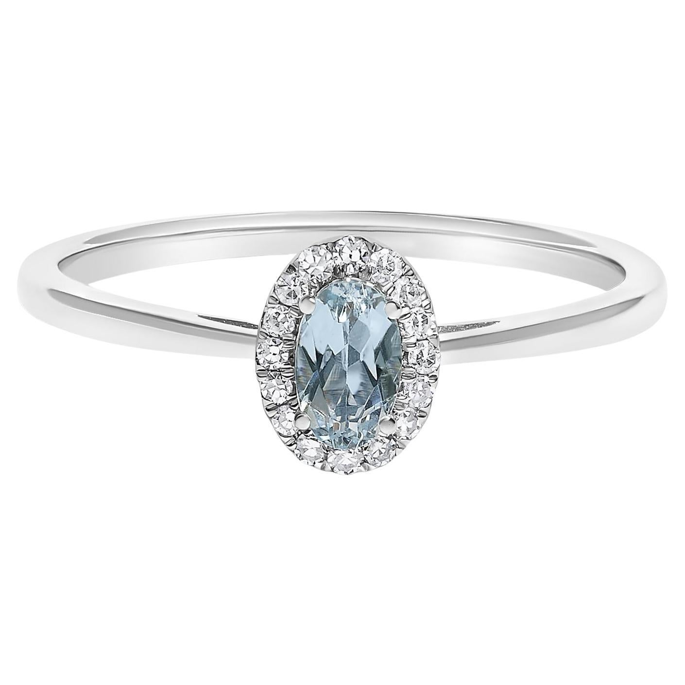 Anello a raggiera in oro bianco 10K con acquamarina blu ovale di 5X3MM e diamanti accentati