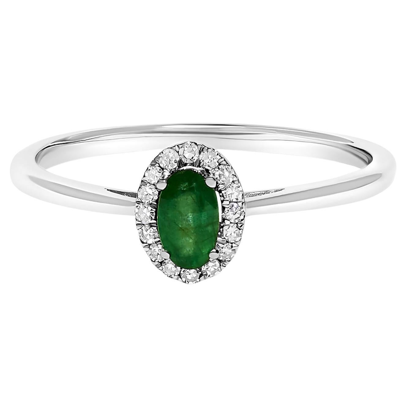 10K White Gold 5X3MM Oval Green Emerald and Diamond Accent Halo Ring