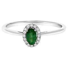 10K White Gold 5X3MM Oval Green Emerald and Diamond Accent Halo Ring