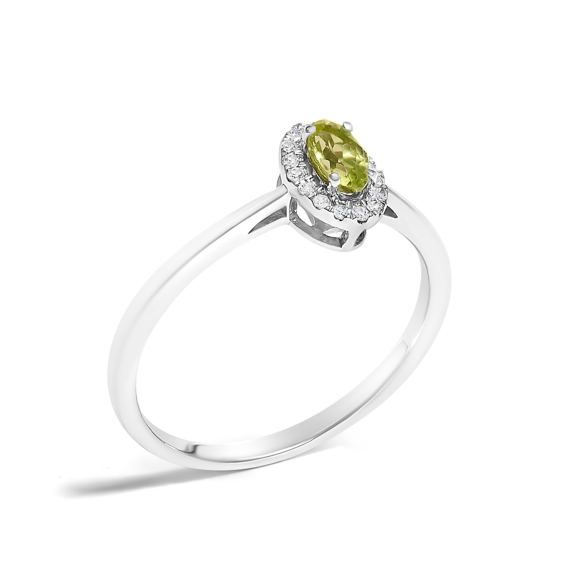 Modern 10K White Gold 5X3MM Oval Green Peridot and Diamond Accent Halo Ring For Sale