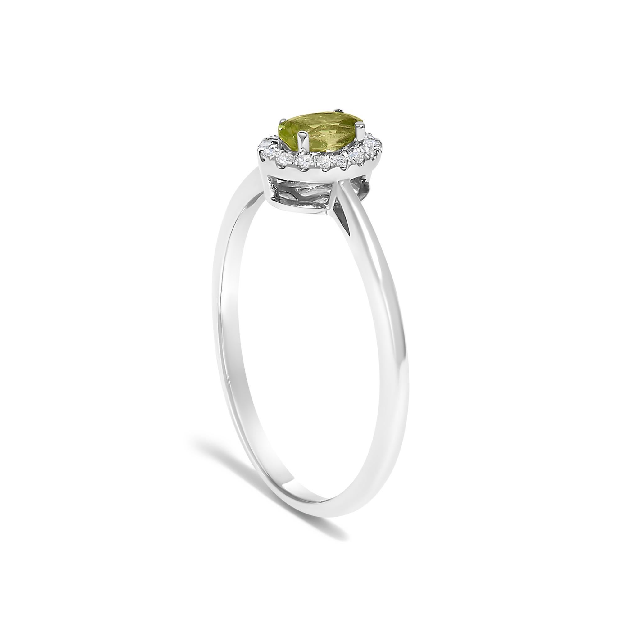 Oval Cut 10K White Gold 5X3MM Oval Green Peridot and Diamond Accent Halo Ring For Sale