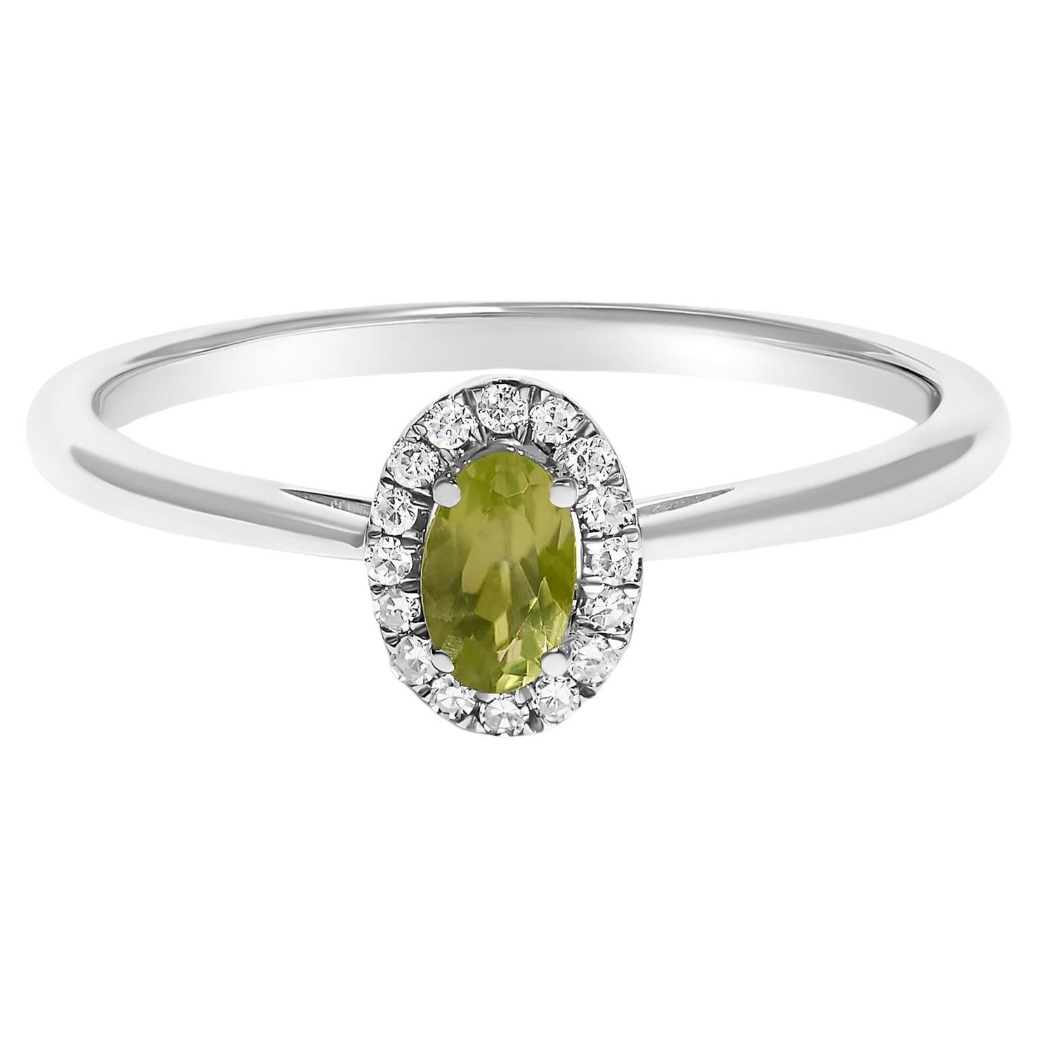 10K White Gold 5X3MM Oval Green Peridot and Diamond Accent Halo Ring