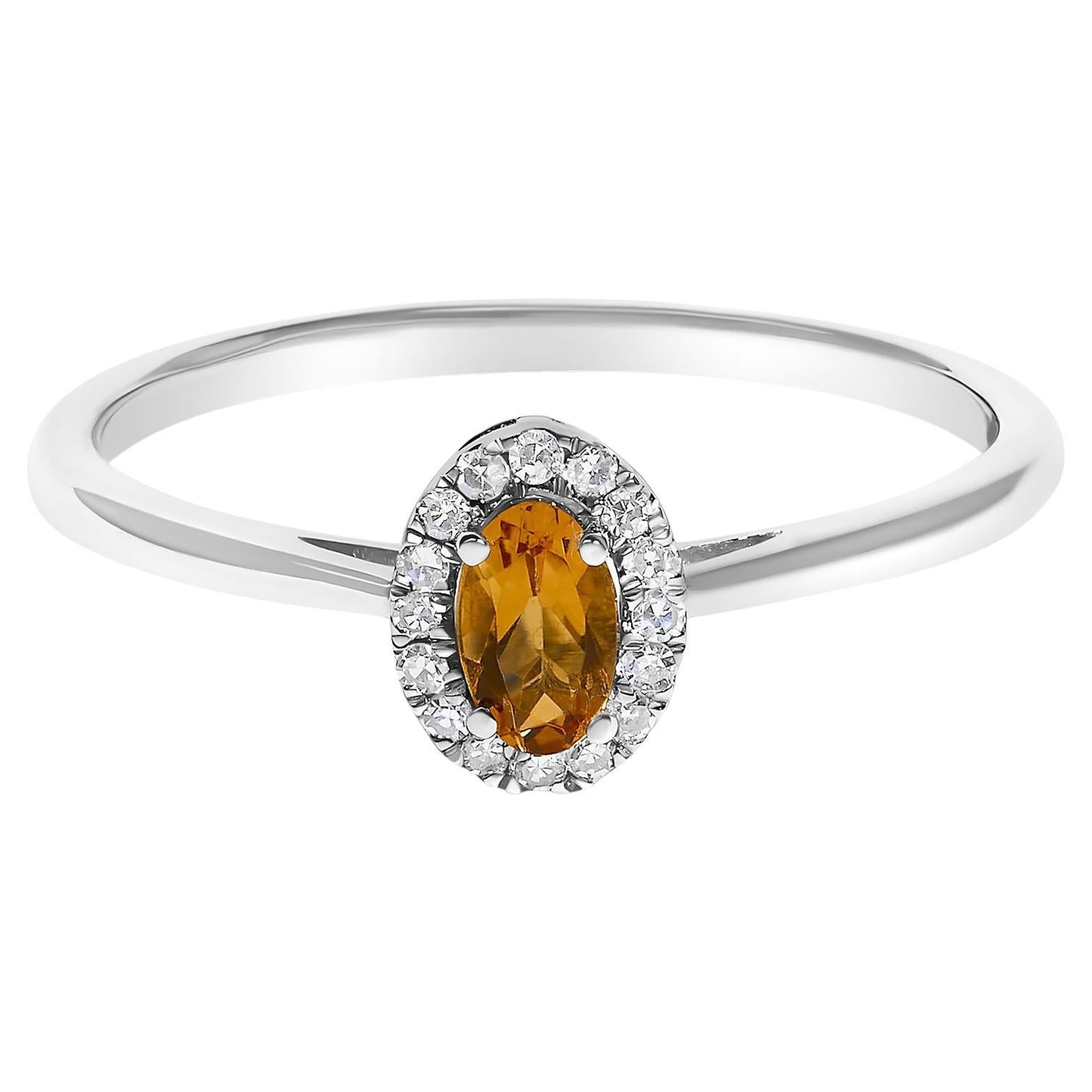 Anello aureola ovale in oro bianco 10K 5X3MM con citrino arancione e accenti di diamanti