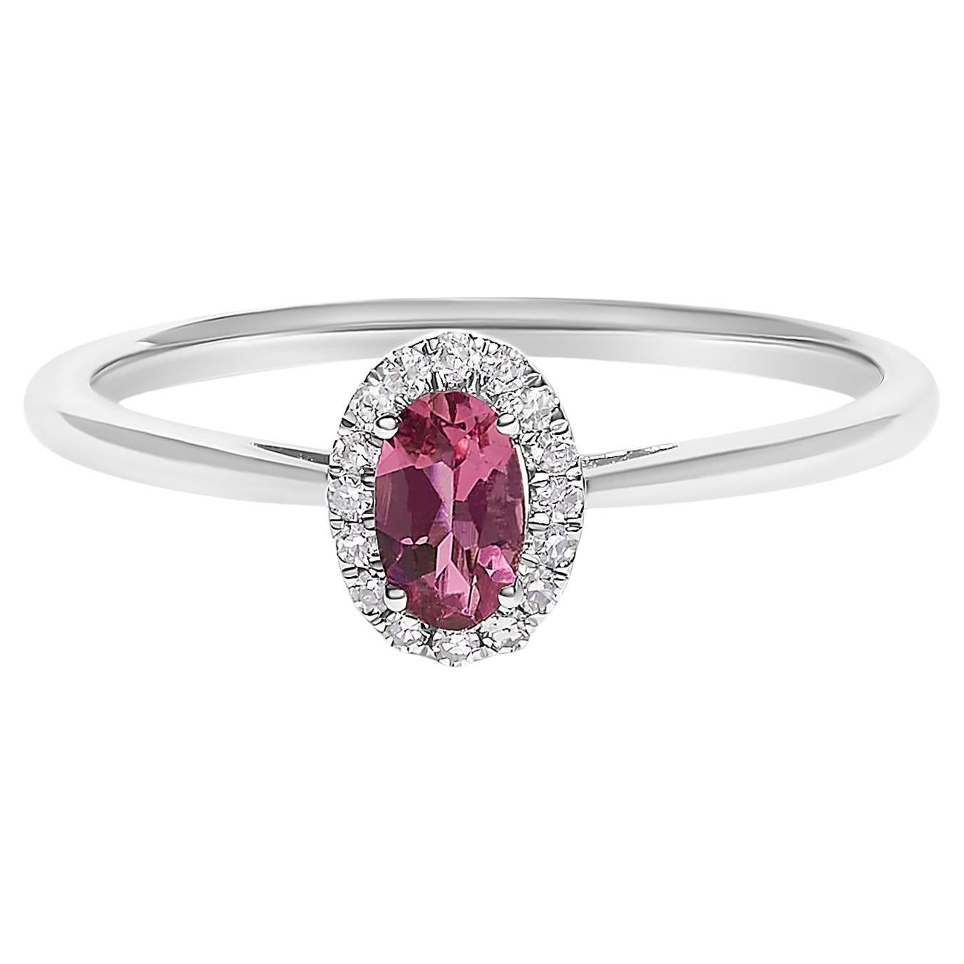 Bague en or blanc 10K avec tourmaline rose ovale 5X3MM et diamant en halo