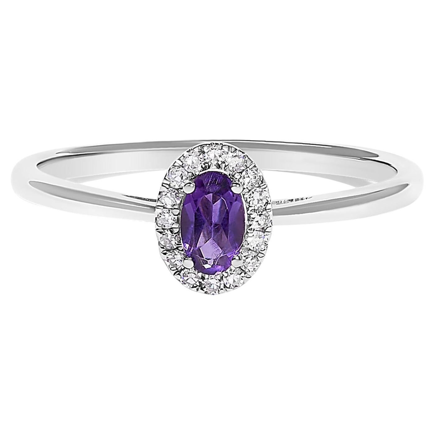 10K Weißgold 5X3MM Oval lila Amethyst und Diamant Akzent Halo Ring im Angebot