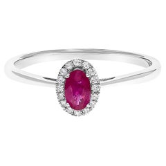 10K White Gold 5X3MM Oval Red Ruby and Diamond Accent Halo Ring