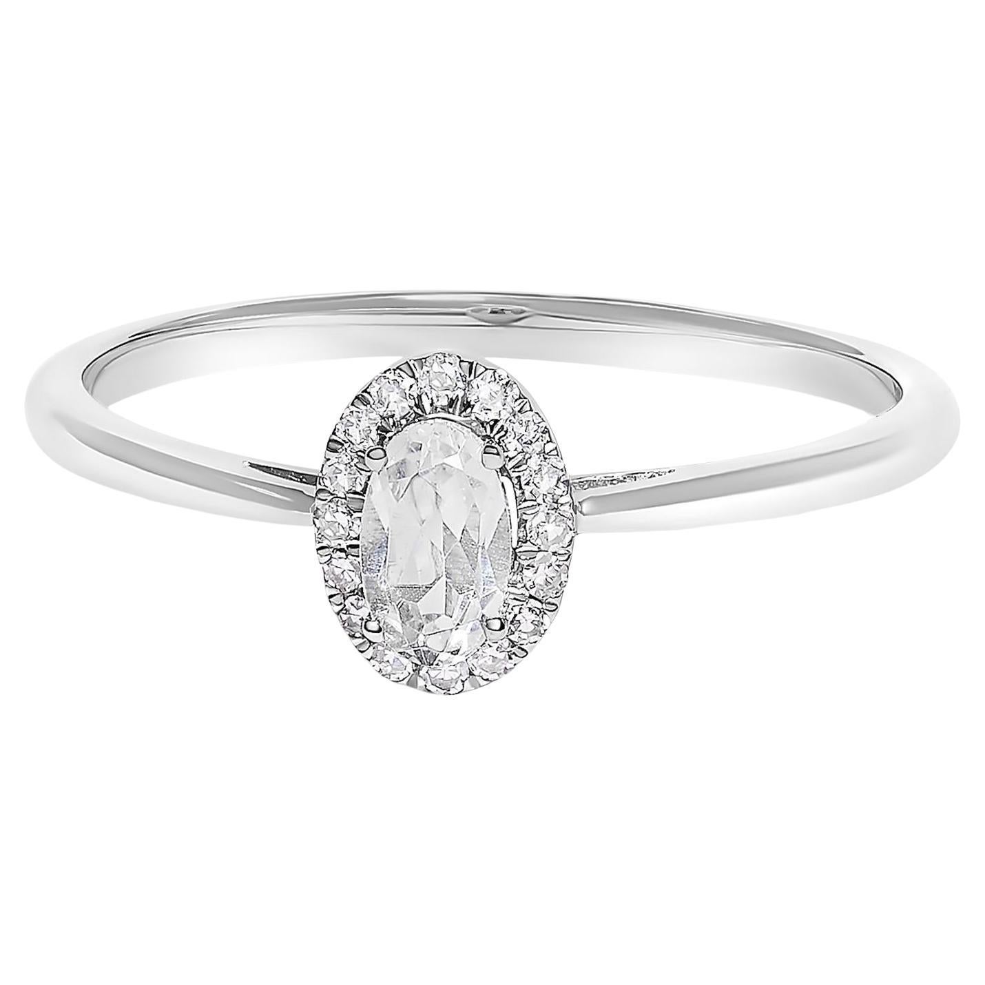 Bague Halo en or blanc 10K avec topaze blanche ovale 5X3MM et diamant