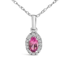 10K White Gold 5x3mm Pink Tourmaline & Diamond Accent Halo 18" Pendant Necklace