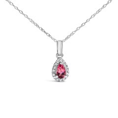 10K White Gold 5x3mm Pink Tourmaline & Diamond Accent Halo 18" Pendant Necklace