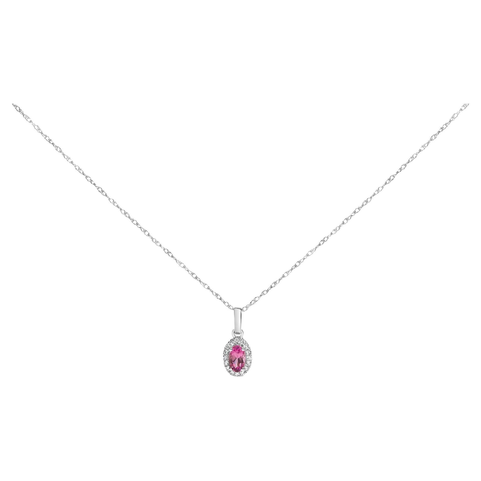 Collana con ciondolo a raggiera in oro bianco 10K con tormalina rosa 5x3 mm e accenti di diamanti da 18 pollici