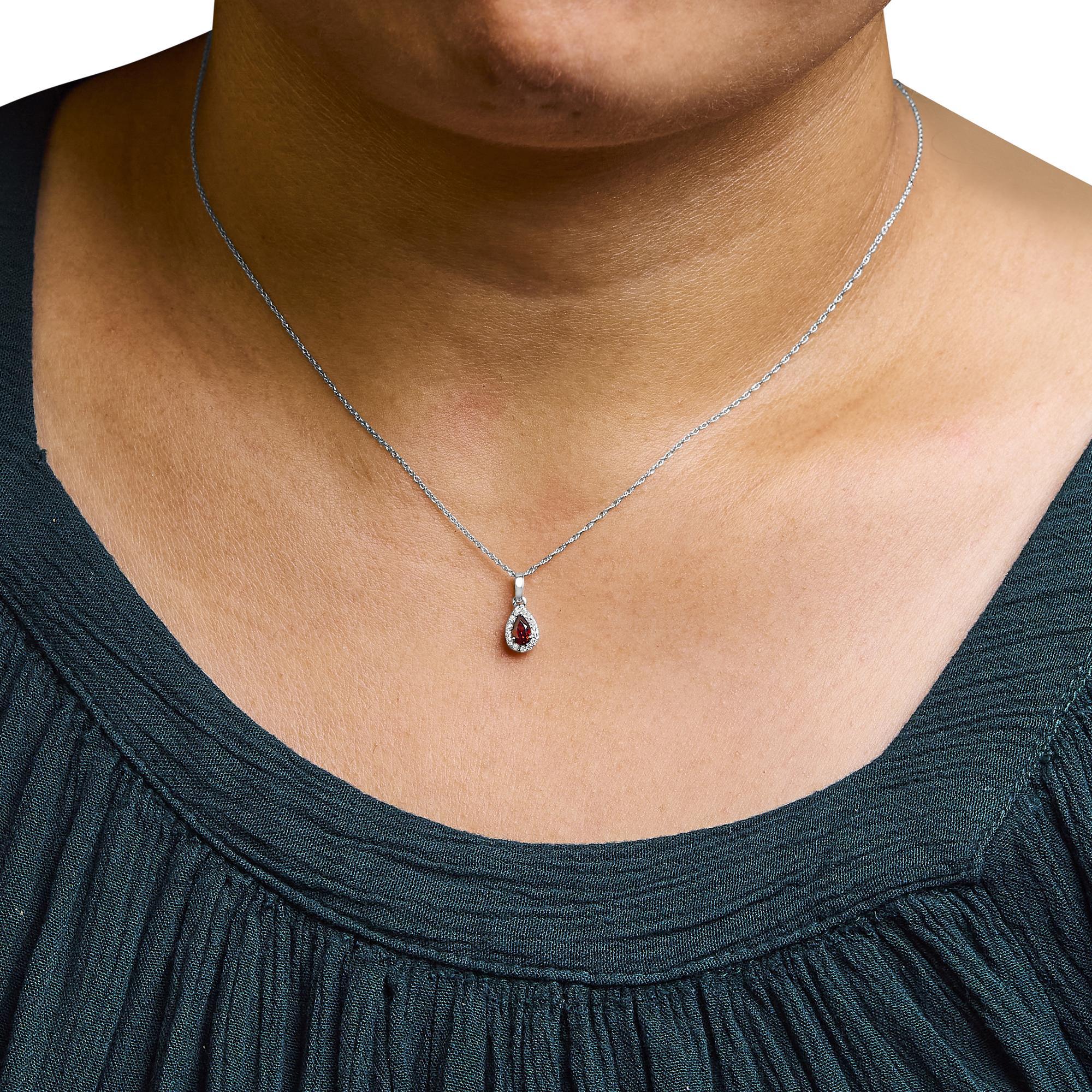 Pear Cut 10K White Gold 5x3mm Red Garnet and Diamond Accent Halo 18