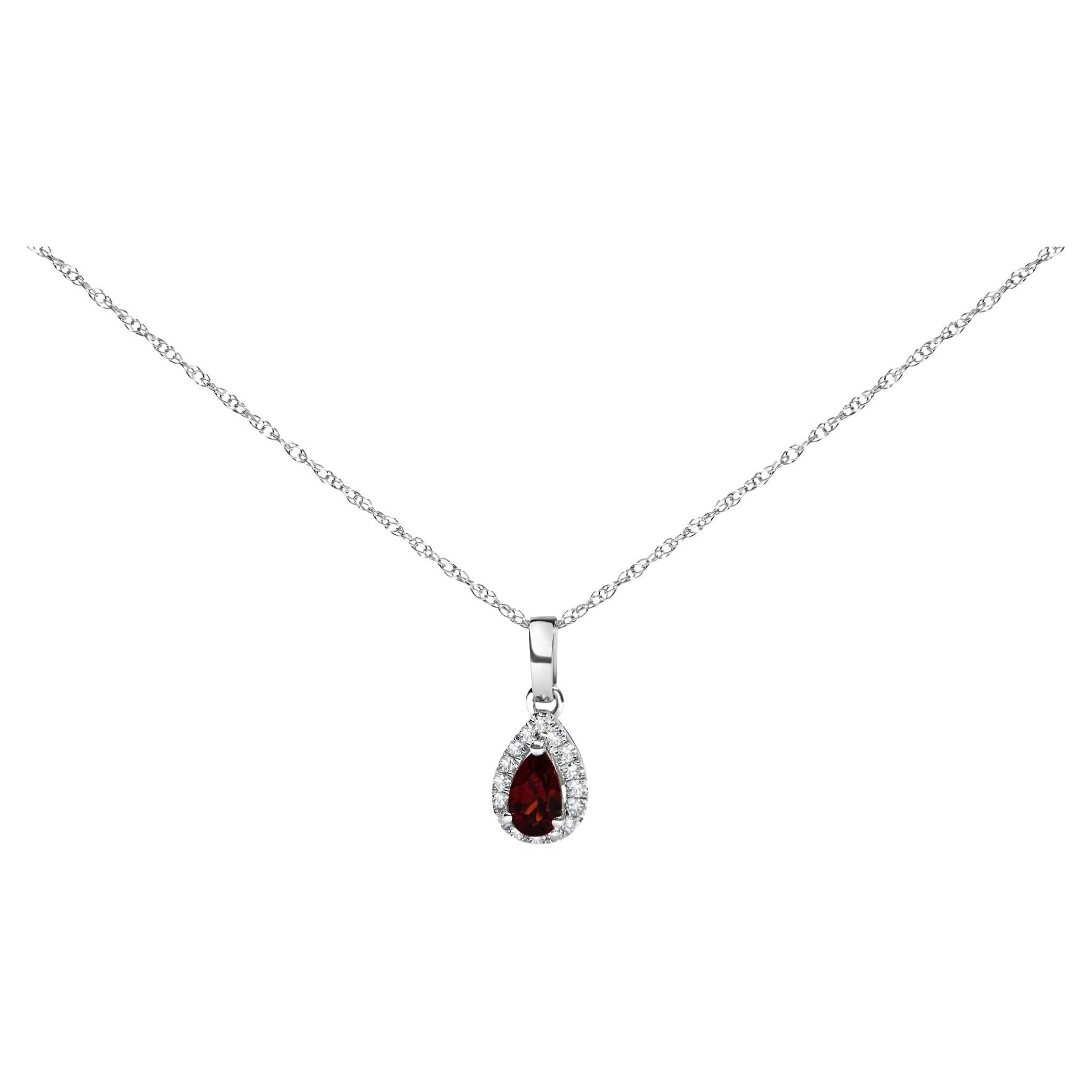 10K White Gold 5x3mm Red Garnet and Diamond Accent Halo 18" Pendant Necklace For Sale