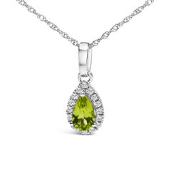10K White Gold 5x3mm Yellow Peridot and Diamond Accent Halo 18" Pendant Necklace