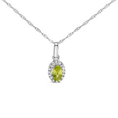10K White Gold 5x3mm Yellow Peridot and Diamond Accent Halo 18" Pendant Necklace