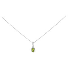 10K White Gold 5x3mm Yellow Peridot and Diamond Accent Halo 18" Pendant Necklace