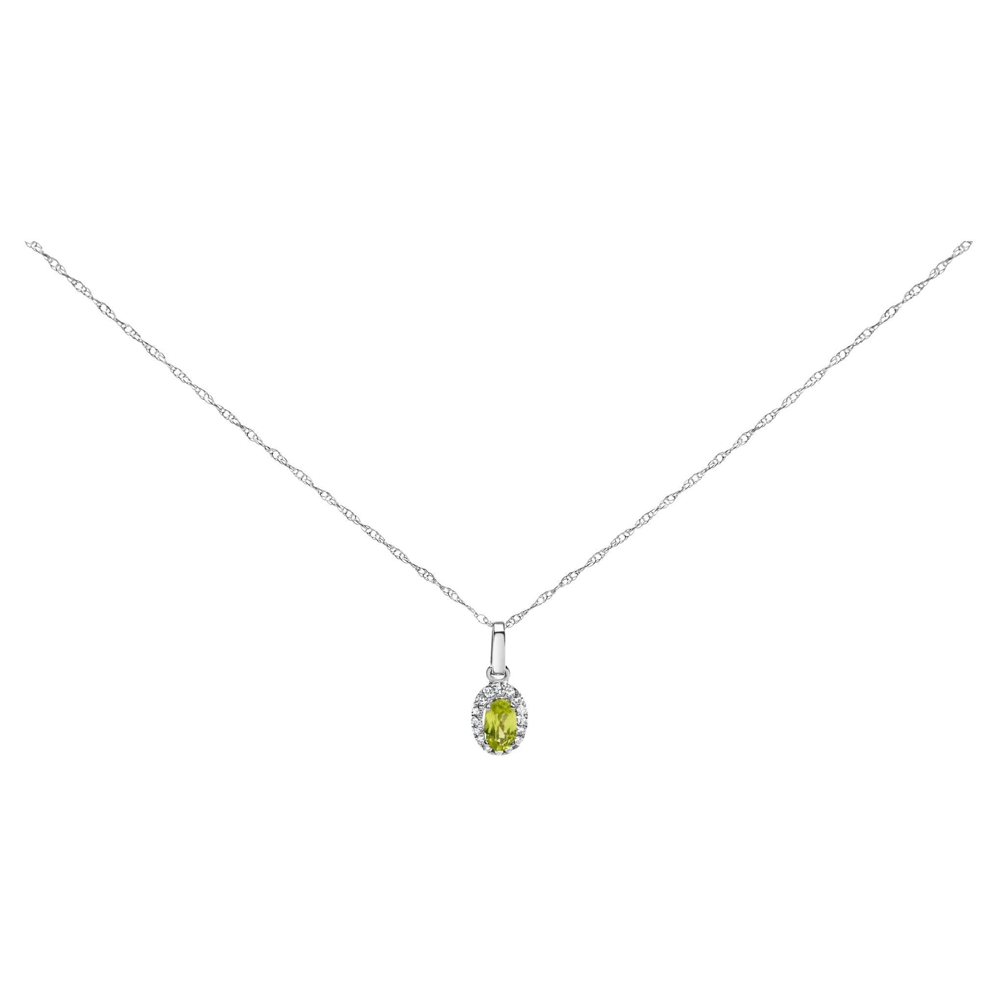 10K White Gold 5x3mm Yellow Peridot and Diamond Accent Halo 18" Pendant Necklace