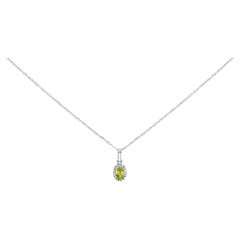 10K White Gold 5x3mm Yellow Peridot and Diamond Accent Halo 18" Pendant Necklace