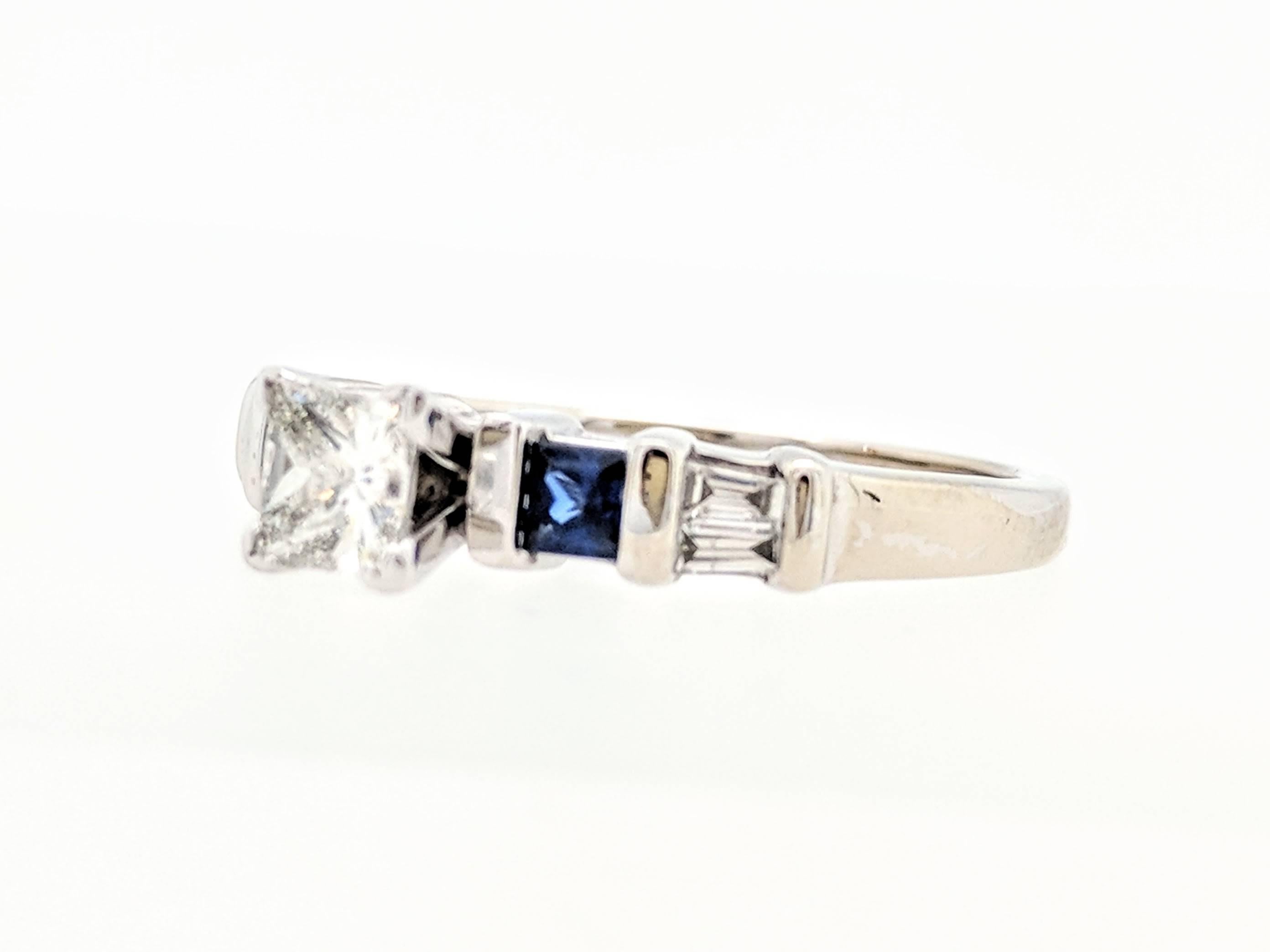 Princess Cut 10 Karat White Gold .63 Carat Diamond and Sapphire Engagement Ring