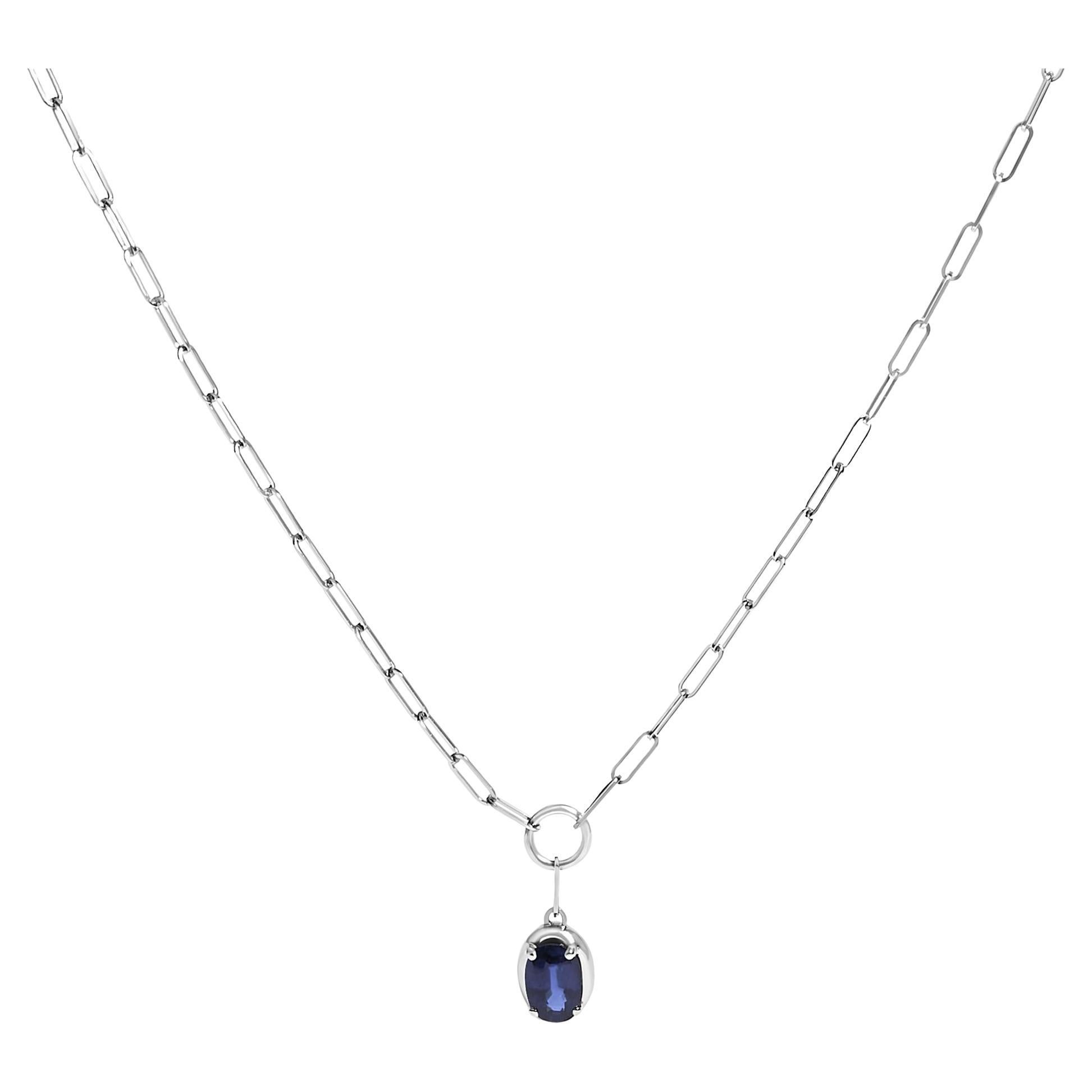 Collana con ciondolo Paperclip in oro bianco 10K 6x4 zaffiro blu ovale solitario
