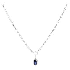 Collana con ciondolo Paperclip in oro bianco 10K 6x4 zaffiro blu ovale solitario