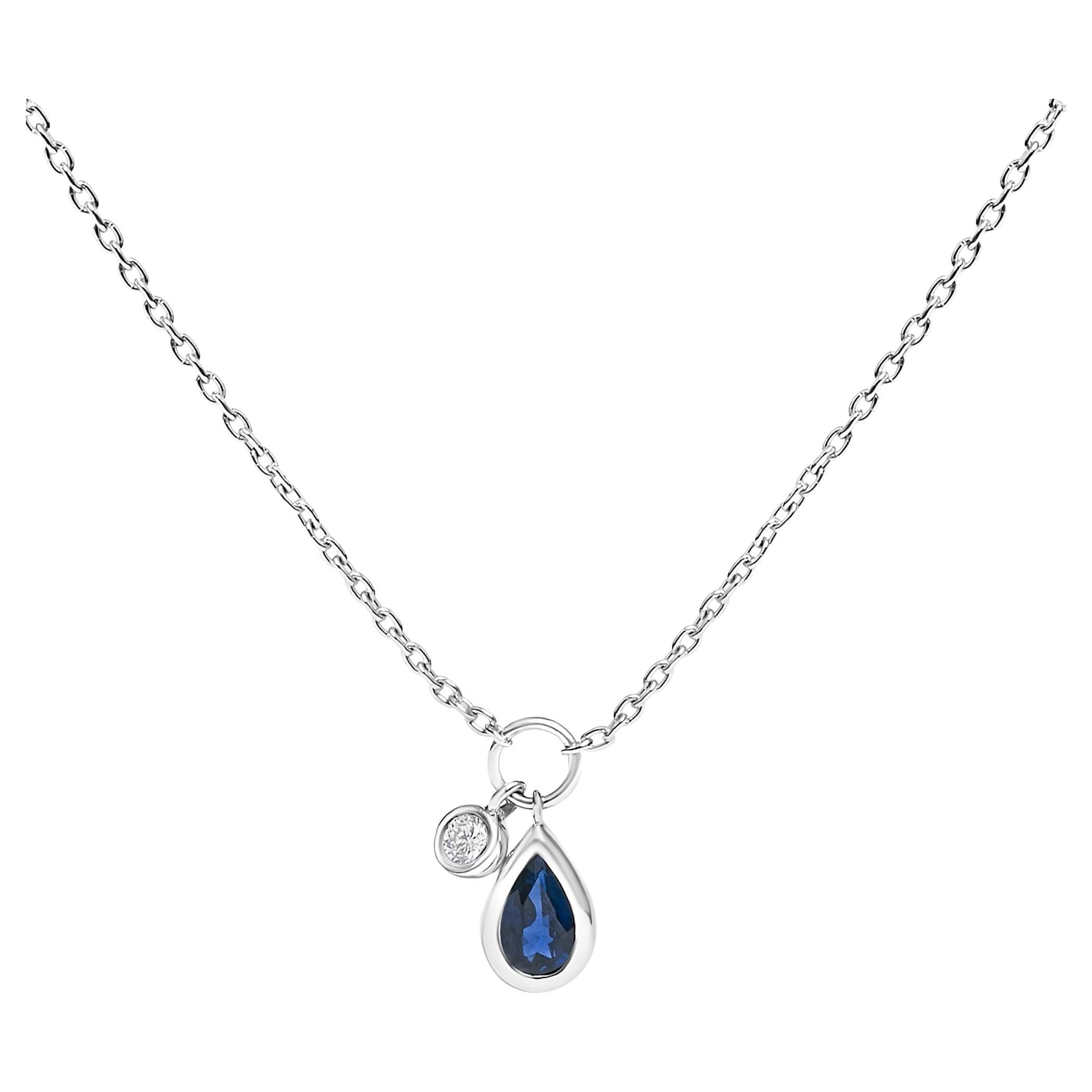 10K White Gold 6x4 Pear Blue Sapphire and Diamond  Accent Charm Pendant Necklace
