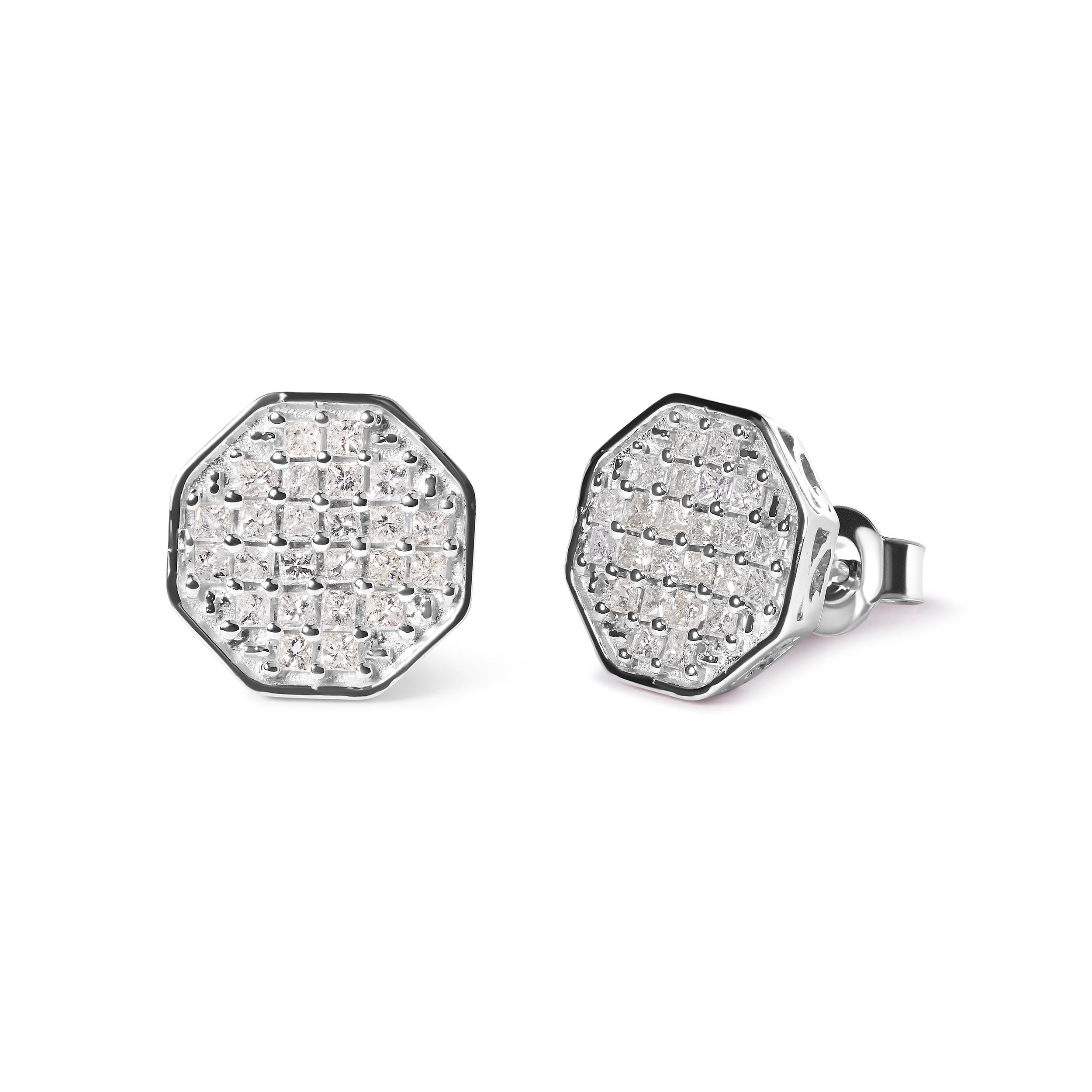 Indulge in the ultimate luxury with these stunning 10K White Gold Princess Diamond Composite Octagon Shaped Stud Earrings. With a total diamond weight of 7/8 cttw and 48 prong-set diamonds, these earrings are sure to catch the eye and turn heads.