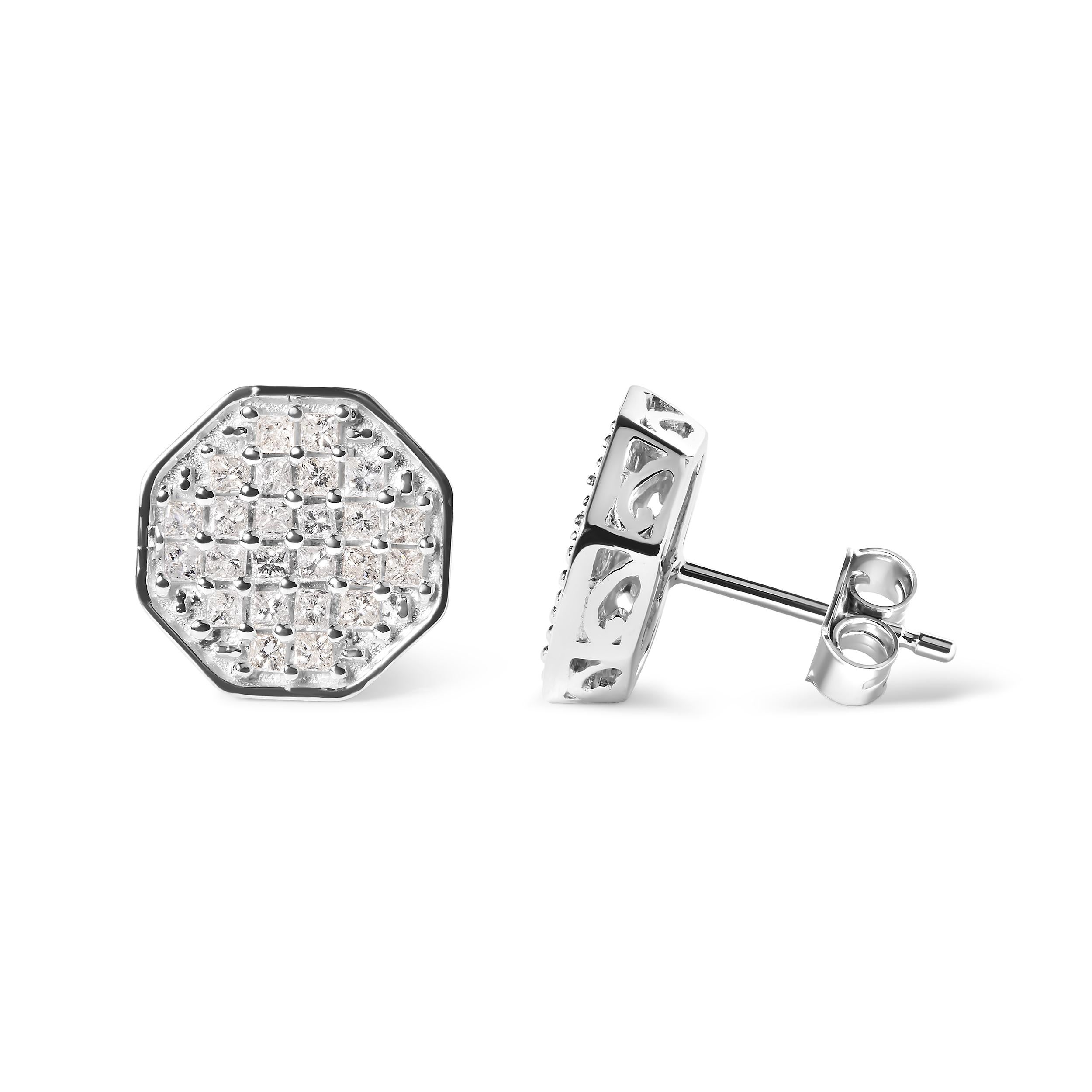 Contemporary 10K White Gold 7/8 Carat Princess Diamond Composite Octagon Shaped Stud Earrings For Sale