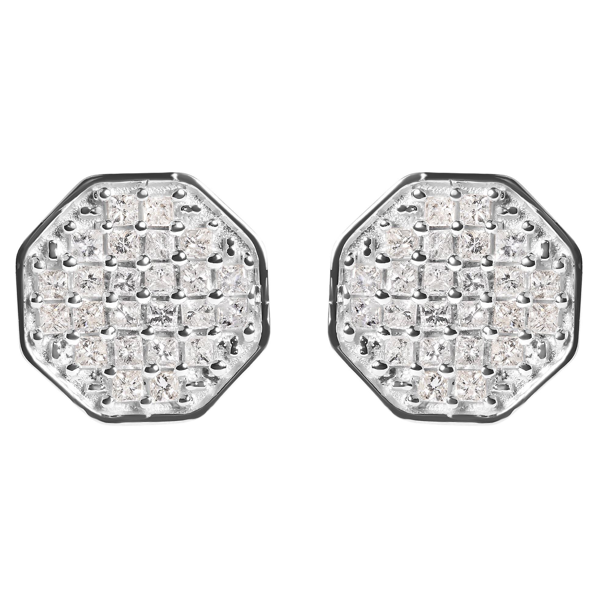 10K White Gold 7/8 Carat Princess Diamond Composite Octagon Shaped Stud Earrings For Sale