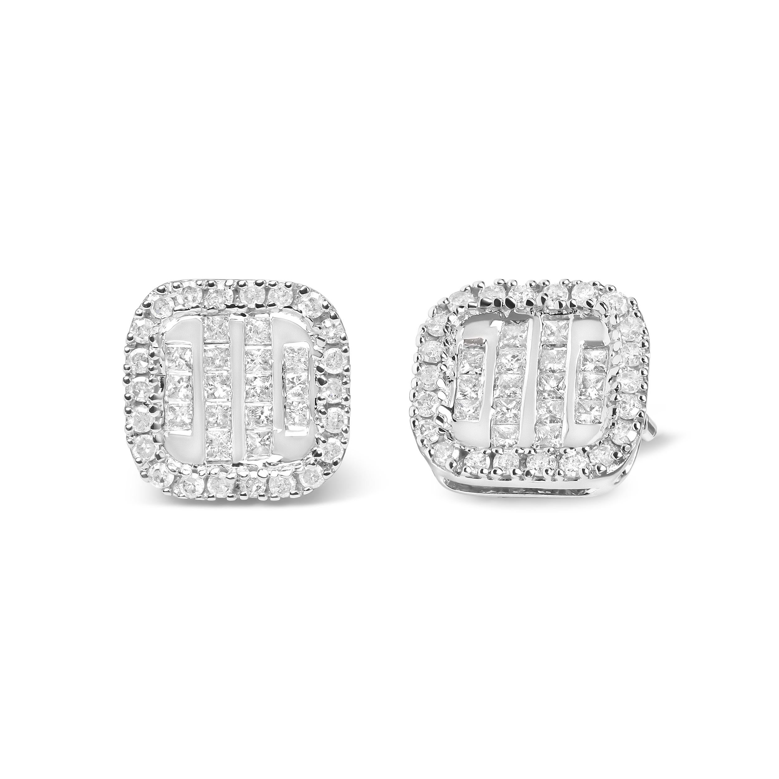 Introducing a stunning set of earrings, designed to make you feel like royalty. Each earring features a dazzling composite of 32 princess-cut diamonds, encircled by 44 round-cut diamonds in a halo setting. The 10K white gold metal perfectly