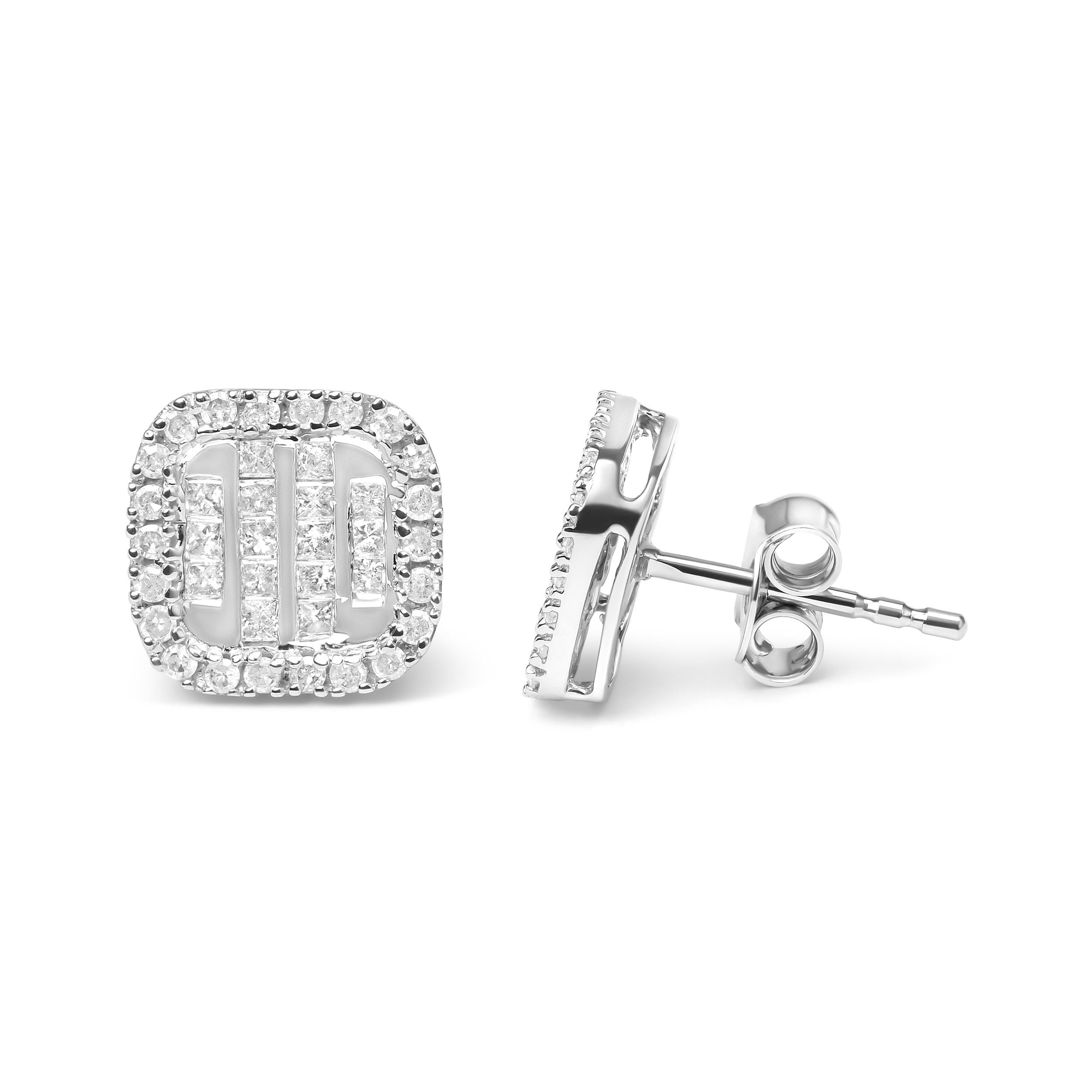 Contemporary 10K White Gold 7/8 Cttw Diamond Princess Composite and Halo Stud Earrings For Sale