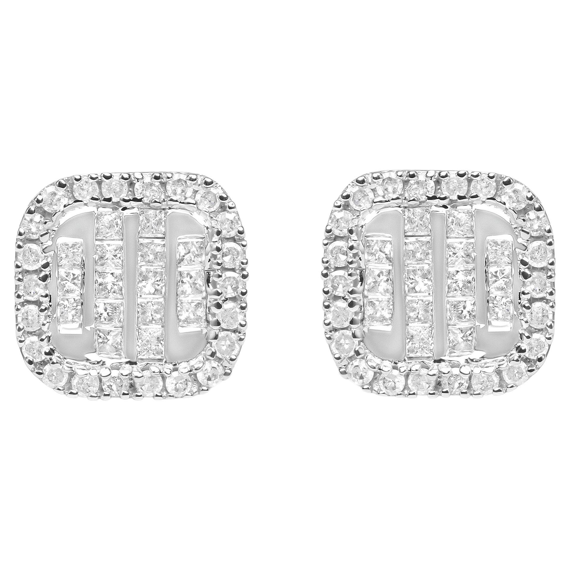 10K White Gold 7/8 Cttw Diamond Princess Composite and Halo Stud Earrings For Sale