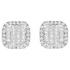 10K White Gold 7/8 Cttw Diamond Princess Composite and Halo Stud Earrings