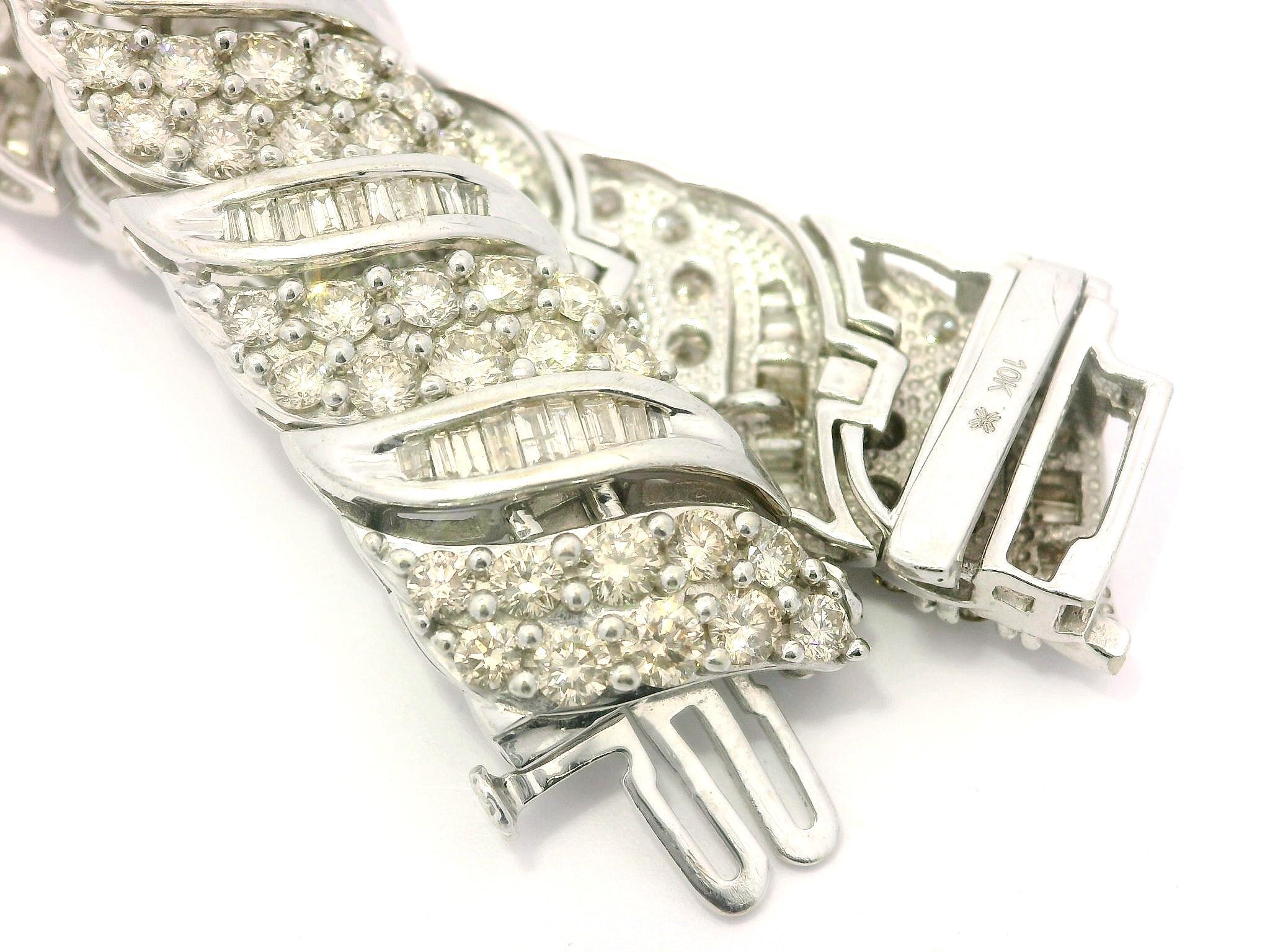Baguette Cut 10k White Gold 7ctw Fiery Baguette & Round Diamond 12.3mm Wide Bracelet For Sale