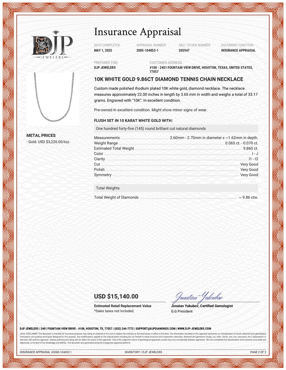 10K White Gold 9.86ct Diamond Tennis Chain Necklace For Sale 2