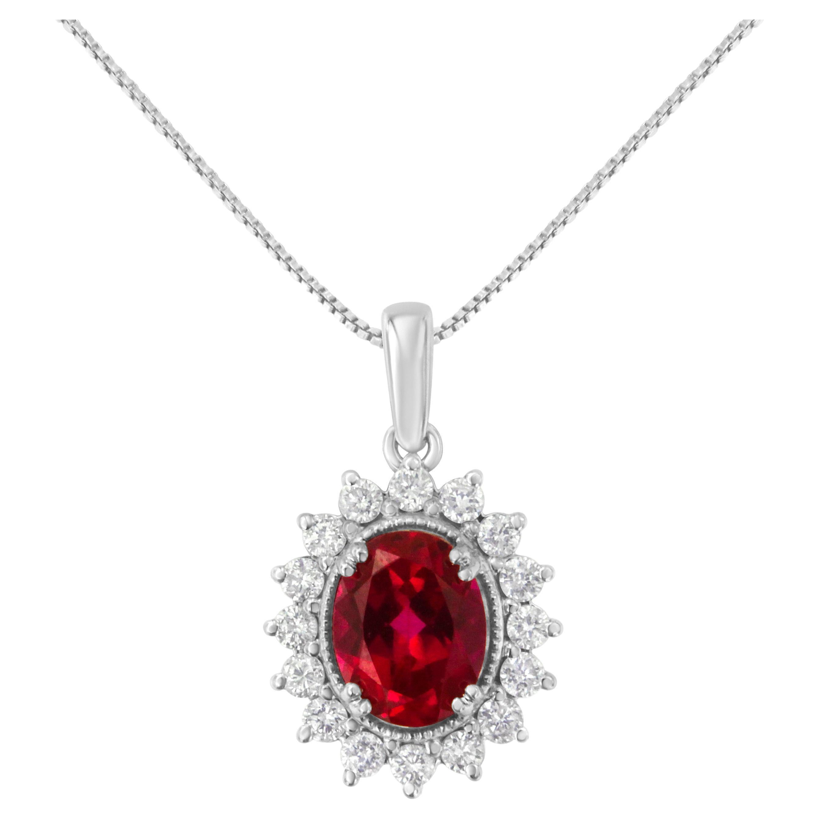10K White Gold Created Ruby Gemstone and Natural Diamond Pendant Necklace