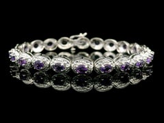 10k White Gold Amethyst & Diamond Oval Link Line Tennis Bracelet