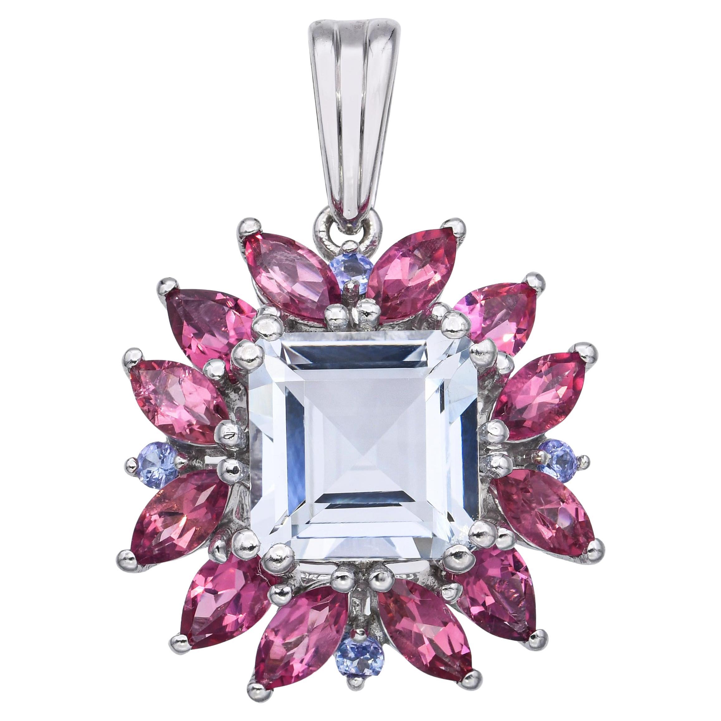 Ciondolo in oro bianco 10k con tormalina acquamarina e tanzanite in vendita