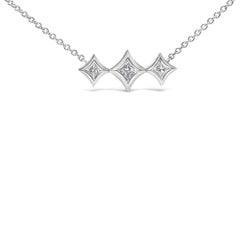 10K White Gold Bezel Set Princess Diamond 3 Stone Kite Shape Station Necklace