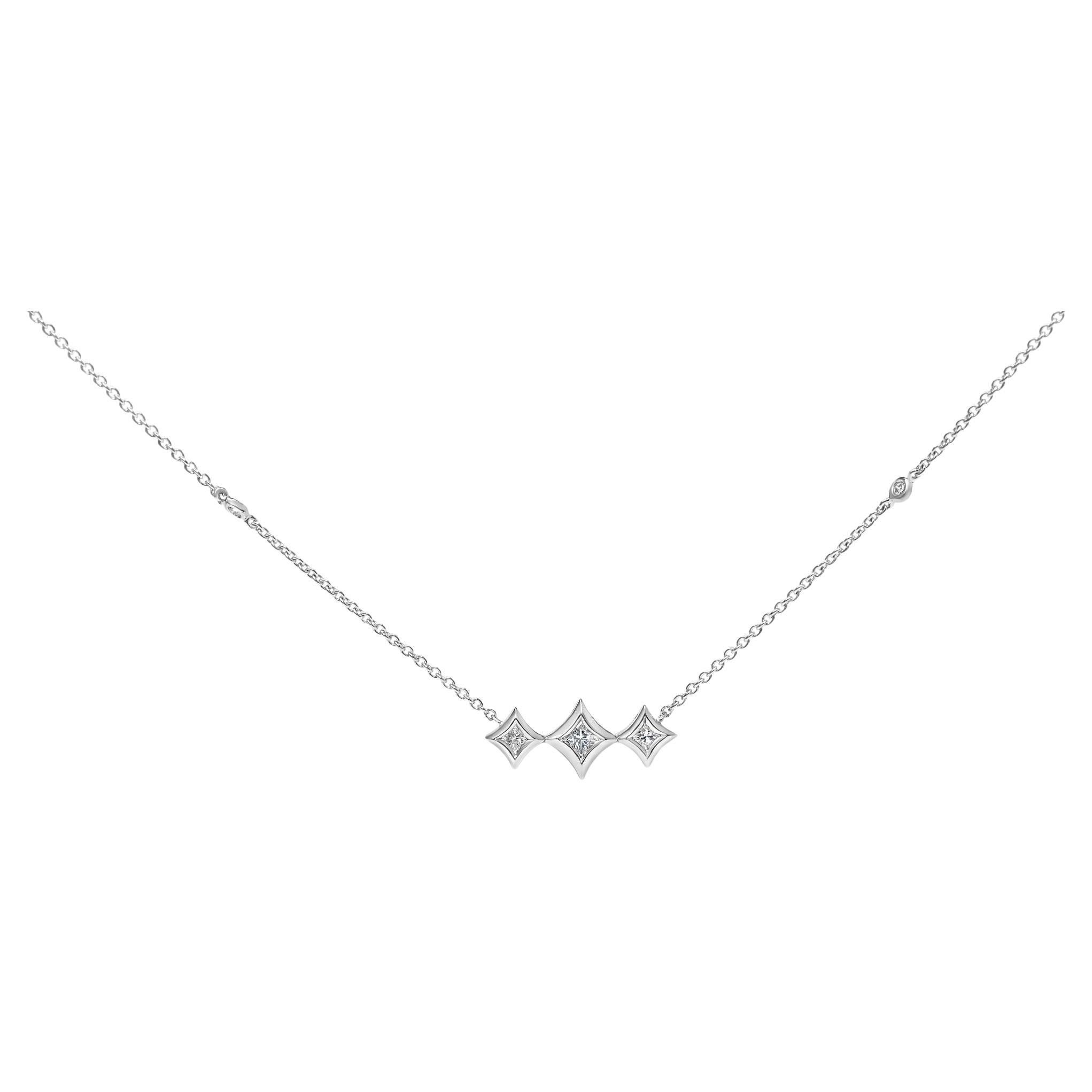 10K White Gold Bezel Set Princess Diamond 3 Stone Kite Shape Station Necklace
