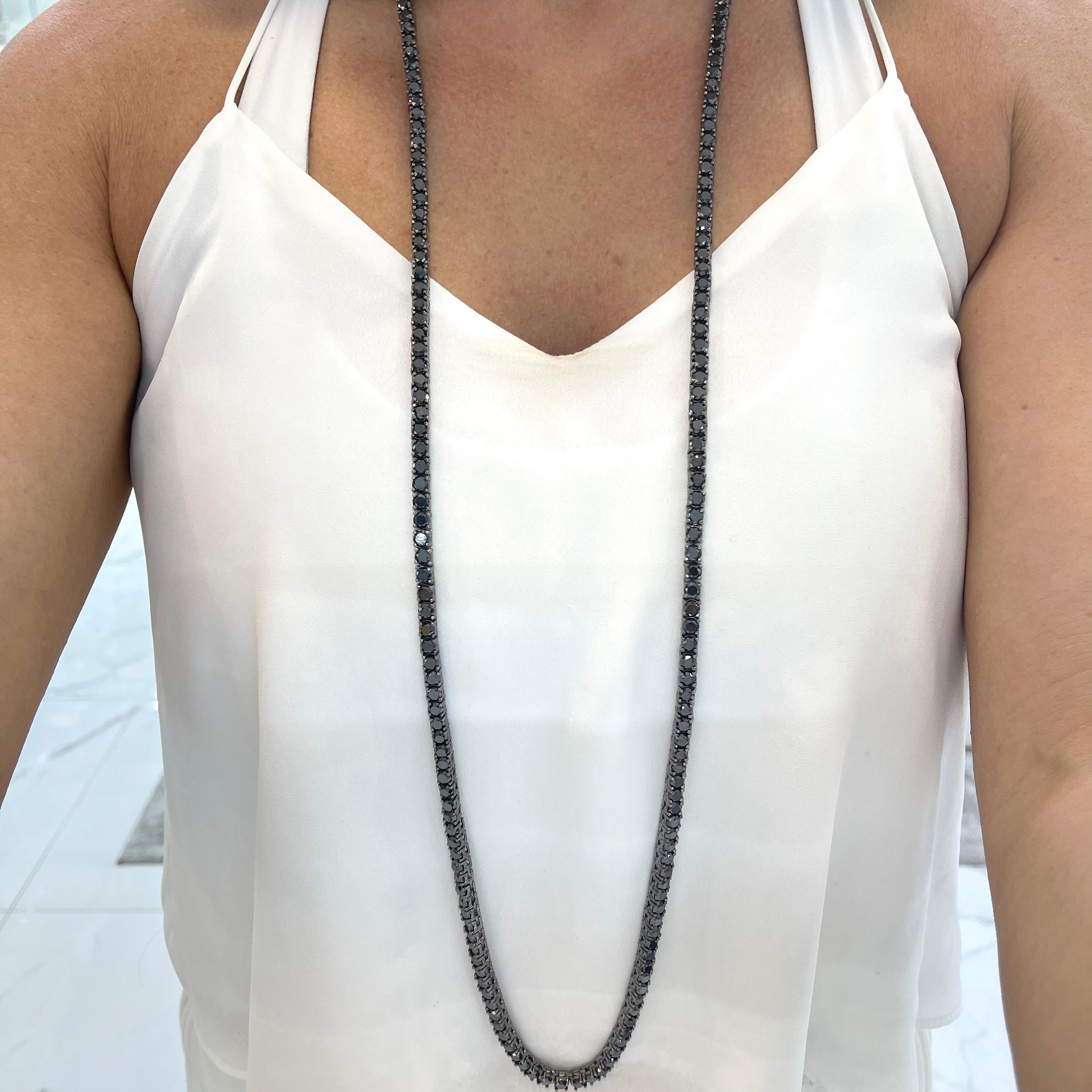 Women's or Men's 10K White Gold Black Rhodium Black Diamond Tennis Chain Necklace 44” For Sale