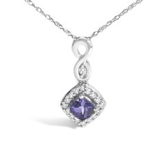 10K White Gold Blue Purple Tanzanite and Diamond Cushion Drop Pendant Necklace