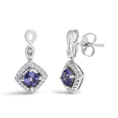 10K White Gold Blue Purple Tanzanite and Diamond Cushion Shaped Drop Earrings